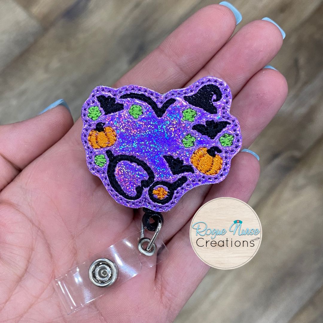 Purple Glitter Halloween Stethoscope Retractable Badge Reel With Bats and Pumpkins, Embroidered Badge Buddy, MRI Safe Badge Reel Option