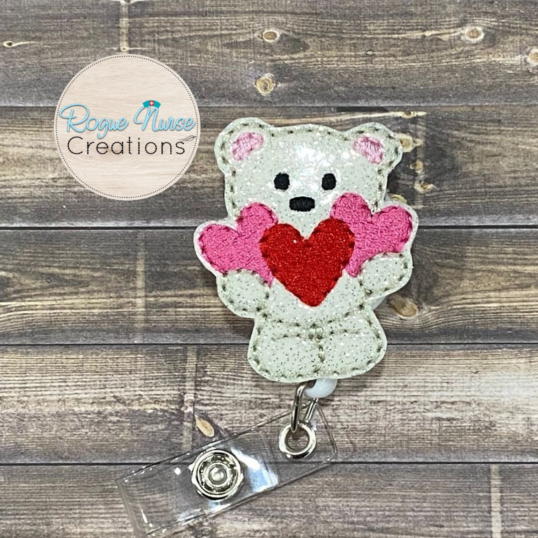 White Teddy Bear Holding Red and Pink Hearts Embroidered Valentines Day Retractable Badge Reel, Valentine Day Glitter Retractable Badge Reel