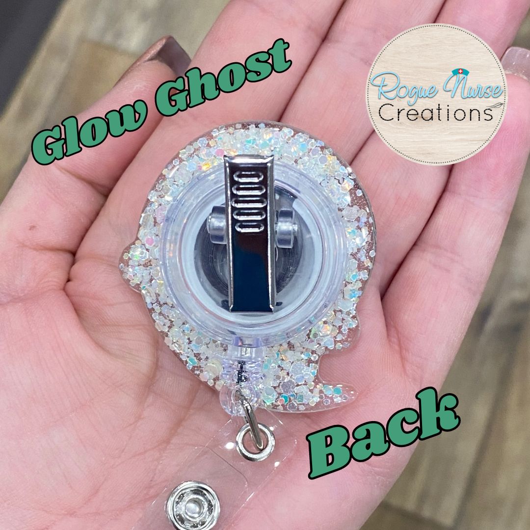 GLOW Iridescent Glitter Acrylic Epoxy Ghost Retractable Badge Reel, Halloween Badge Reel, Wispy Friendly Ghost, Glowing Ghost Badge Holder