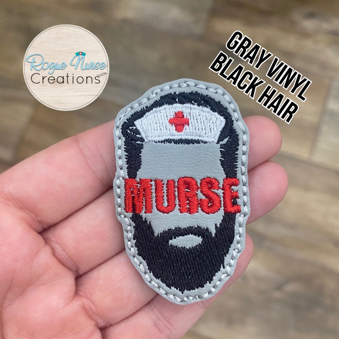 MURSE Embroidered Badge Reel, Male Nurse on Matte Gray Vinyl with Black Beard Retractable Badge Reel, Nurse Badge Reel, Nurse Gift