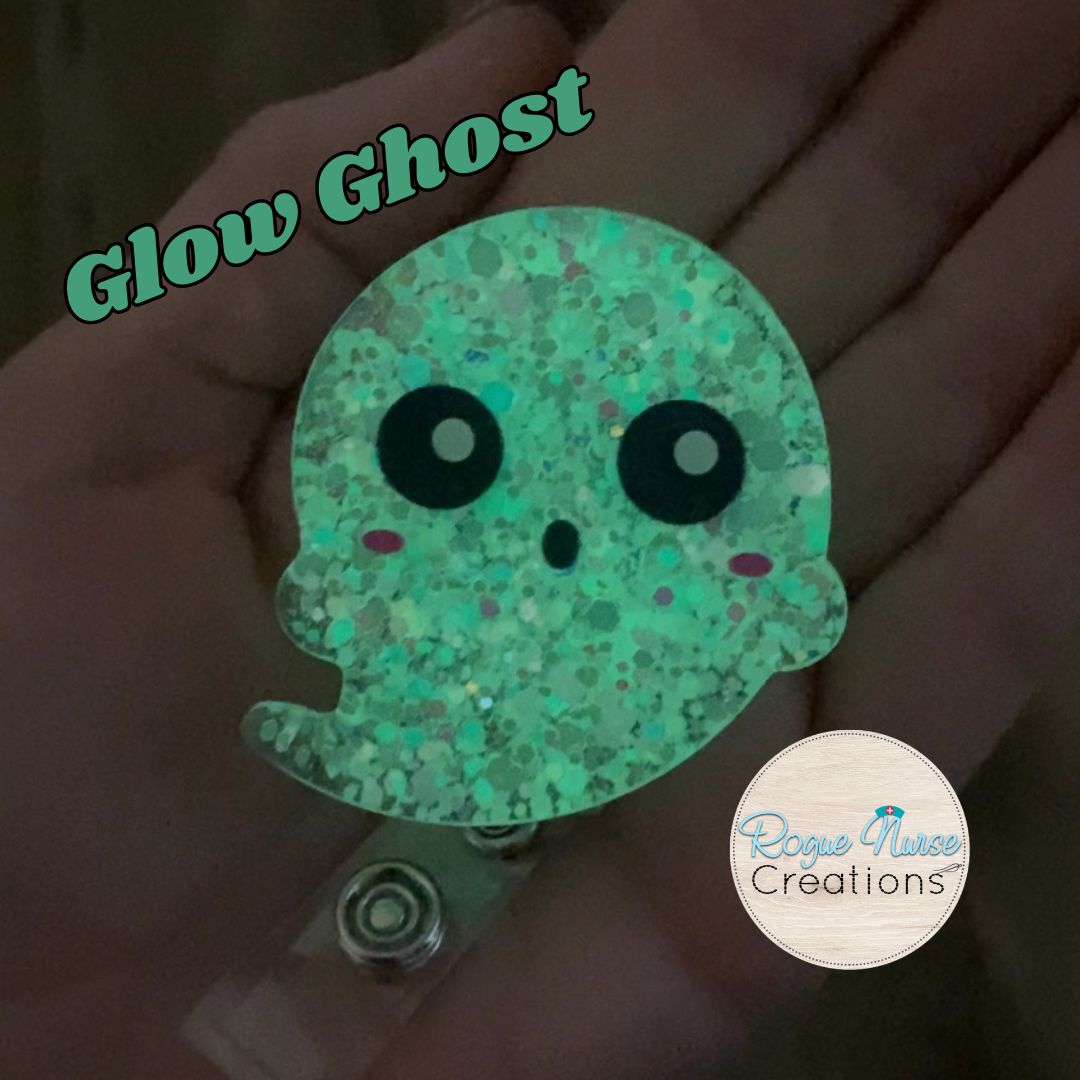 GLOW Iridescent Glitter Acrylic Epoxy Ghost Retractable Badge Reel, Halloween Badge Reel, Wispy Friendly Ghost, Glowing Ghost Badge Holder