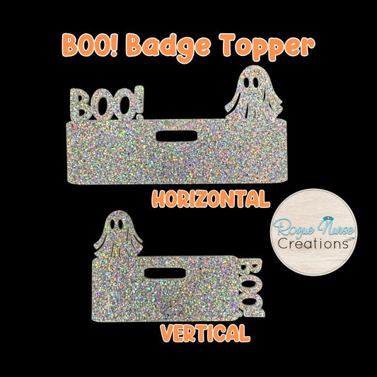 Silver Holographic Glitter Acrylic Halloween Badge Topper, Boo! With Wispy Ghost Badge Topper, Halloween Ghost Badge Topper for Name Badge