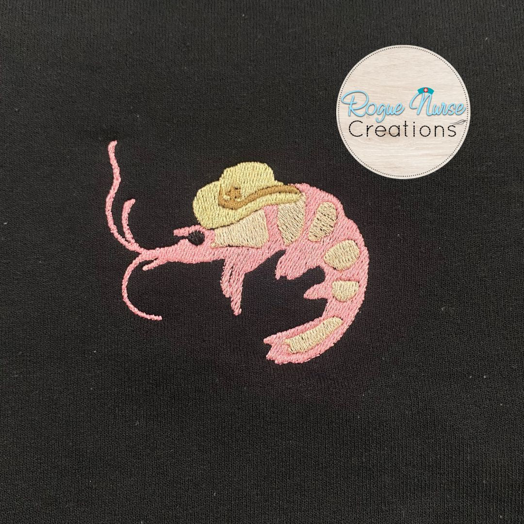 Cowboy Shrimp Embroidered Pullover, Cute Shrimp Wearing a Cowboy Hat, Embroidered on Left Chest, Funny YeeHaw Shrimp Embroidered Sweatshirt