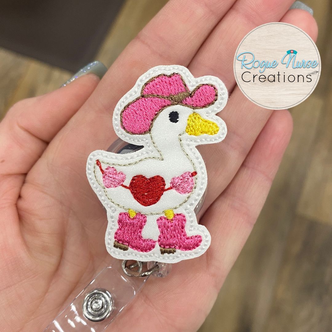 Valentines Day Goose, Wearing a Cowboy Hat and Boots. Embroidered Valentine Retractable Badge Reel, Silly Goose Valentine Day Badge Reel