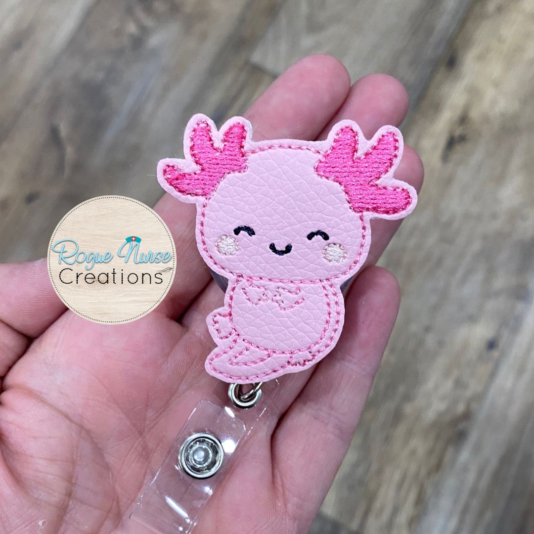 Pink AXOLOTL Retractable Badge Reel, Nurse Badge Buddy, Work ID holder, Cute Summer Badge Buddy, MRI Safe Badge Reel Option,Salamander Badge