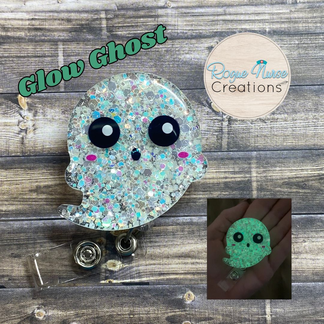 GLOW Iridescent Glitter Acrylic Epoxy Ghost Retractable Badge Reel, Halloween Badge Reel, Wispy Friendly Ghost, Glowing Ghost Badge Holder