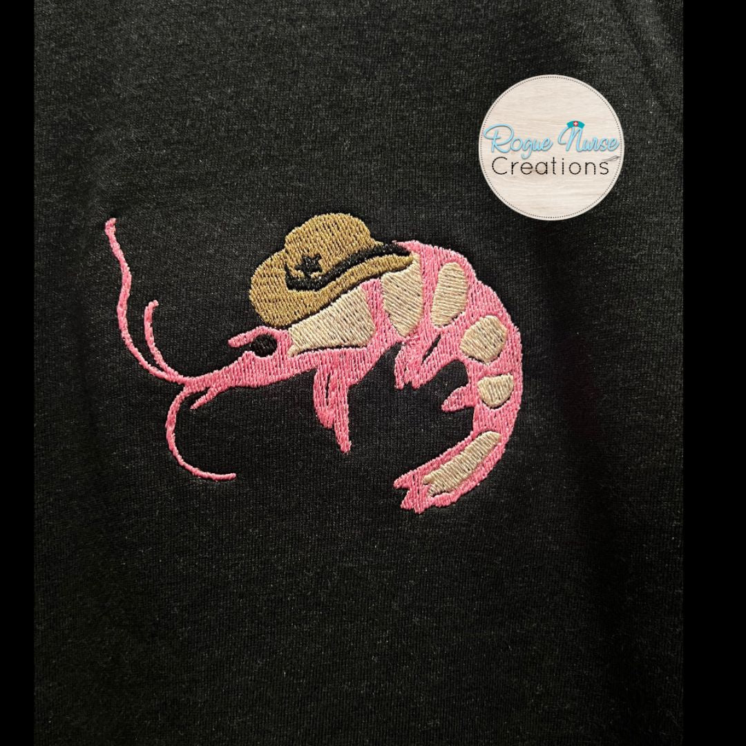 Cowboy Shrimp Embroidered T-Shirt, Cute Shrimp Wearing a Cowboy Hat, Embroidered on The Left Chest, Funny YeeHaw Shrimp Embroidered T-Shirt