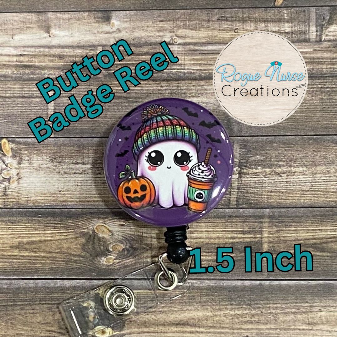 Ghost Wearing a Colorful Beanie, Holding a Pumpkin and ICE Coffee on a PURPLE Background, Button Style Retractable Button Badge Holder, Halloween Badge Reel, Cute Ghost Badge Holder (Copy)