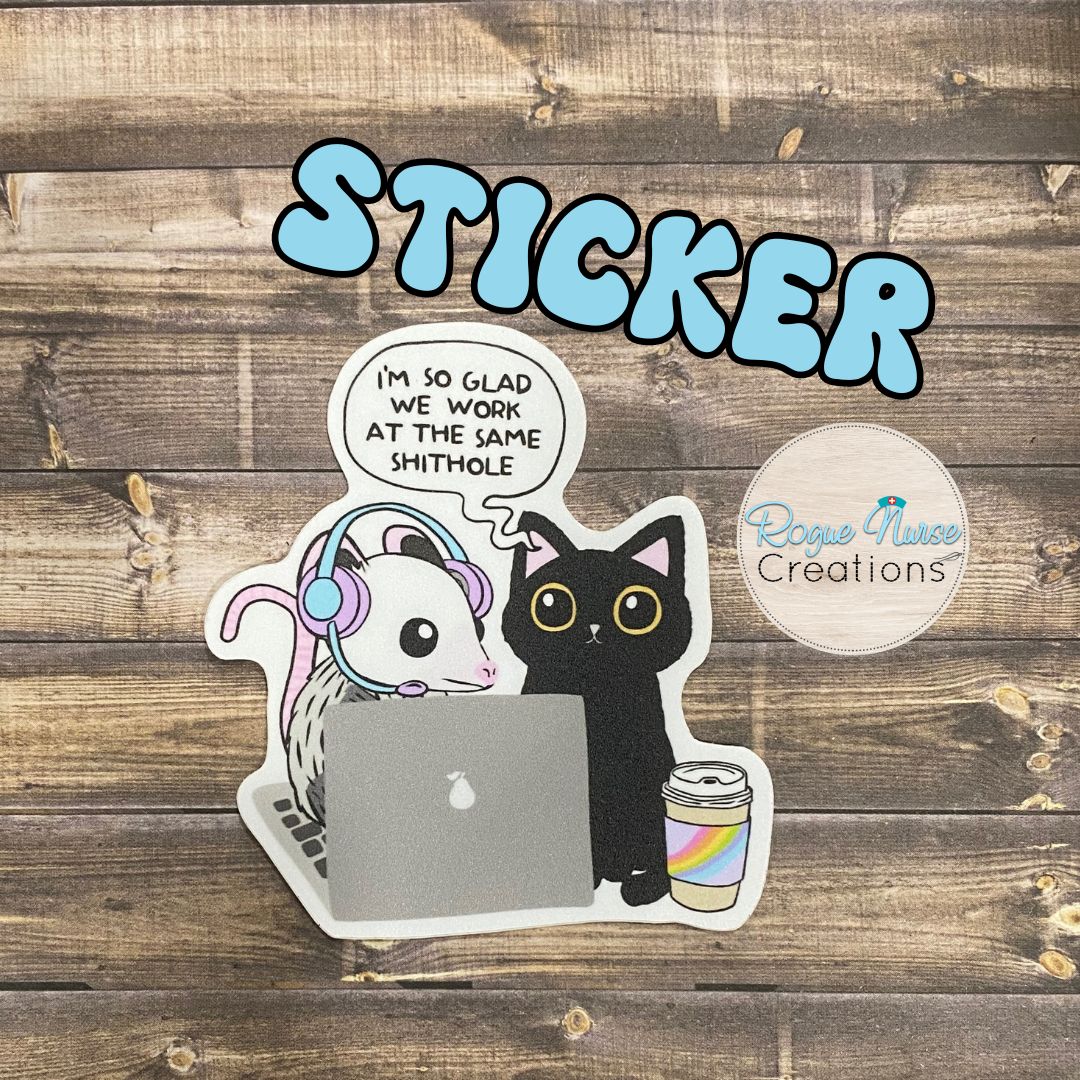 Opossum and Black Cat “so glad we work at the same shithole” STICKER Healthcare Staff Magnet, Funny Nurse Magnet, Nurse Locker Magnet