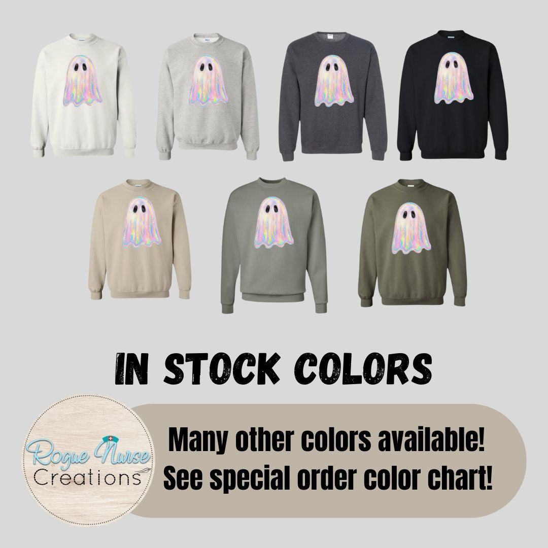 Iridescent looking Ghost Graphic Sweatshirt, Nurse Ghost Crew Pullover, Nurse Gift, Cute Nurse Ghost Halloween Pullover Sweater