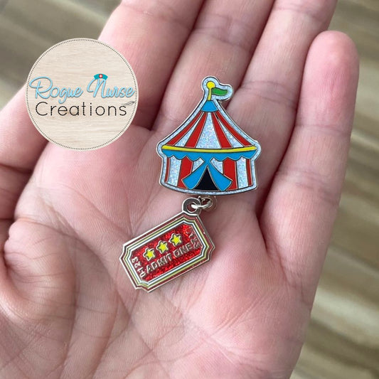 Circus Tent with Red Glitter Dangle Admit One Ticket Enamel Pin, Under The Big Top, Chaos Enamel Pin, Not My Circus Not my Monkeys Enamel Pin Gift