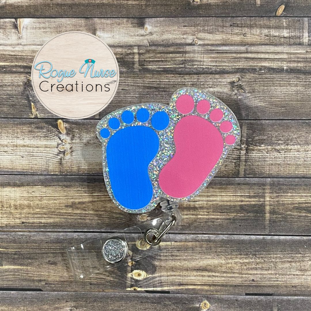 Pink and Blue Baby Feet Acrylic/Epoxy Retractable Badge Reel, Silver Glitter Labor and Delivery Nurse, NICU Nurse Badge Buddy, Cute Badge