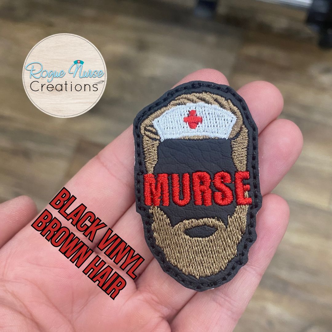 MURSE Embroidered Badge Reel, Male Nurse on Matte Black Vinyl with Brown Beard Retractable Badge Reel, Nurse Badge Reel, Nurse Gift