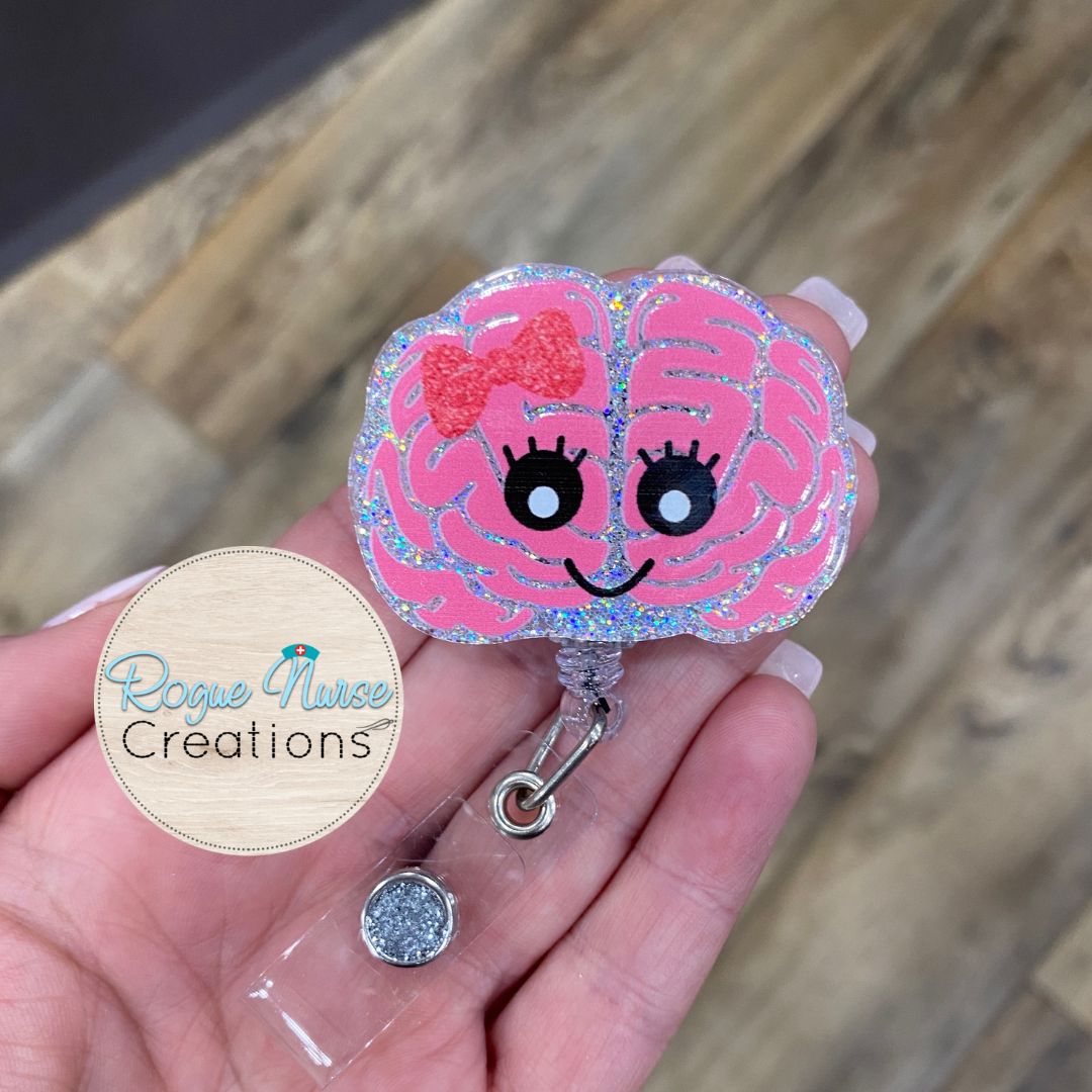 Pink Glitter Brain Acrylic/Epoxy Retractable Badge Reel, Neurology Nurse Teacher Gift, Cute Brain Badge Buddy, Science Badge Reel