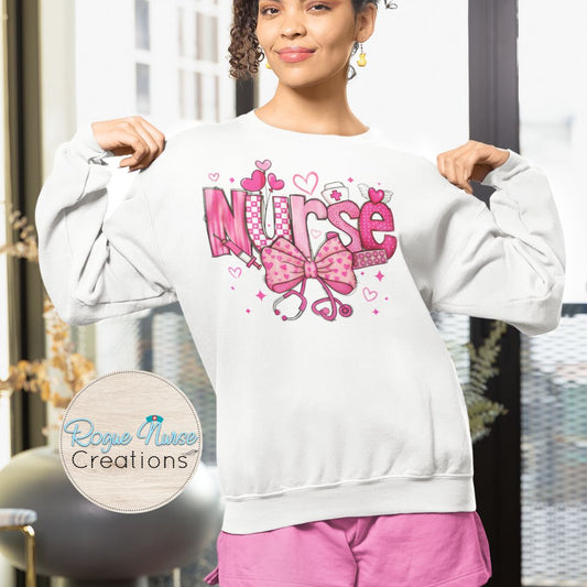 Valentines Day Nurse Graphic Sweatshirt, Nurse Crew Pullover, Nurse Gift, Cute pink nurse design with stethoscope an bow for Nurses,