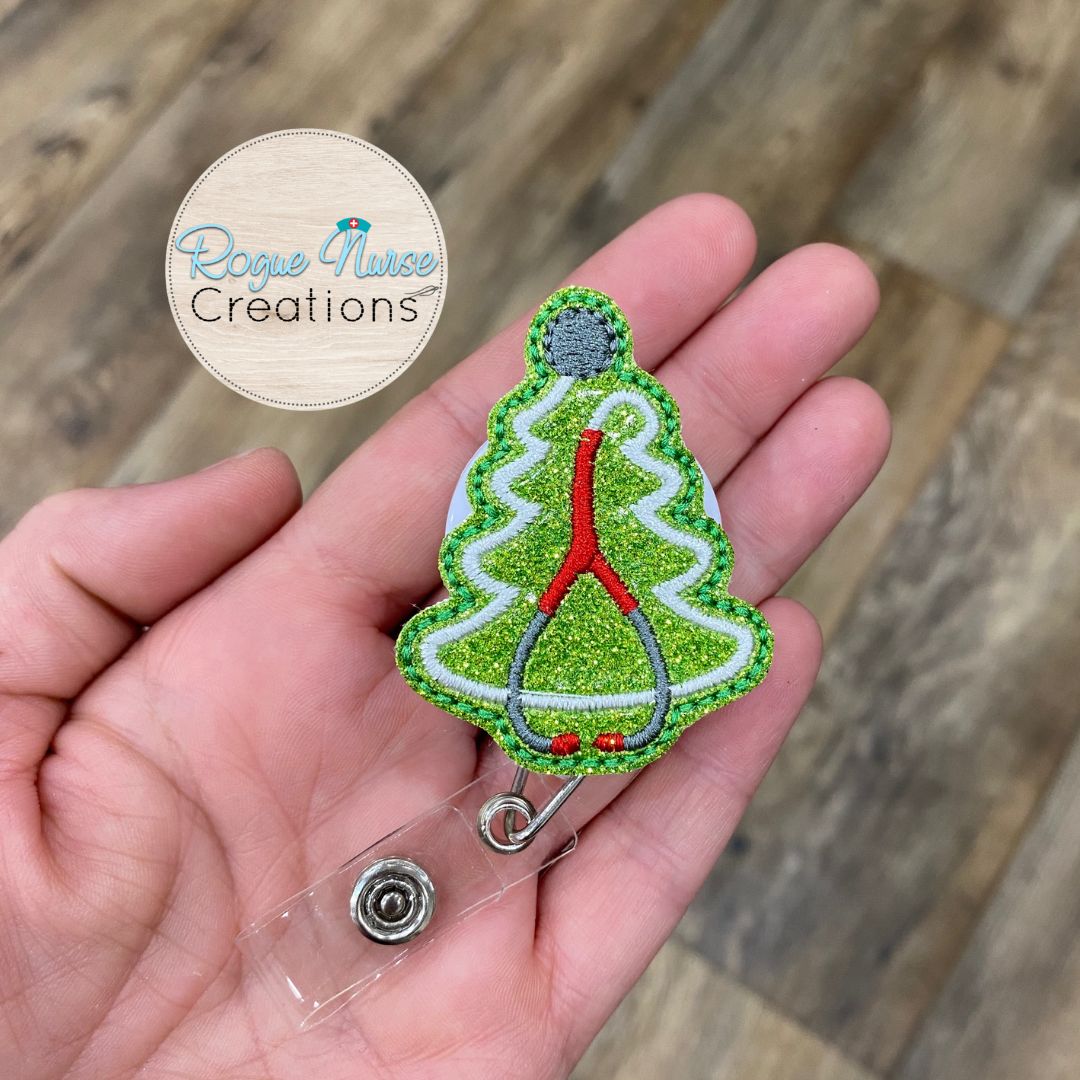 Glitter Holiday Christmas Tree with Stethoscope, Medical Retractable Badge Reel, Healthcare Holiday Badge Reel, Tree Stethoscope Badge Reel