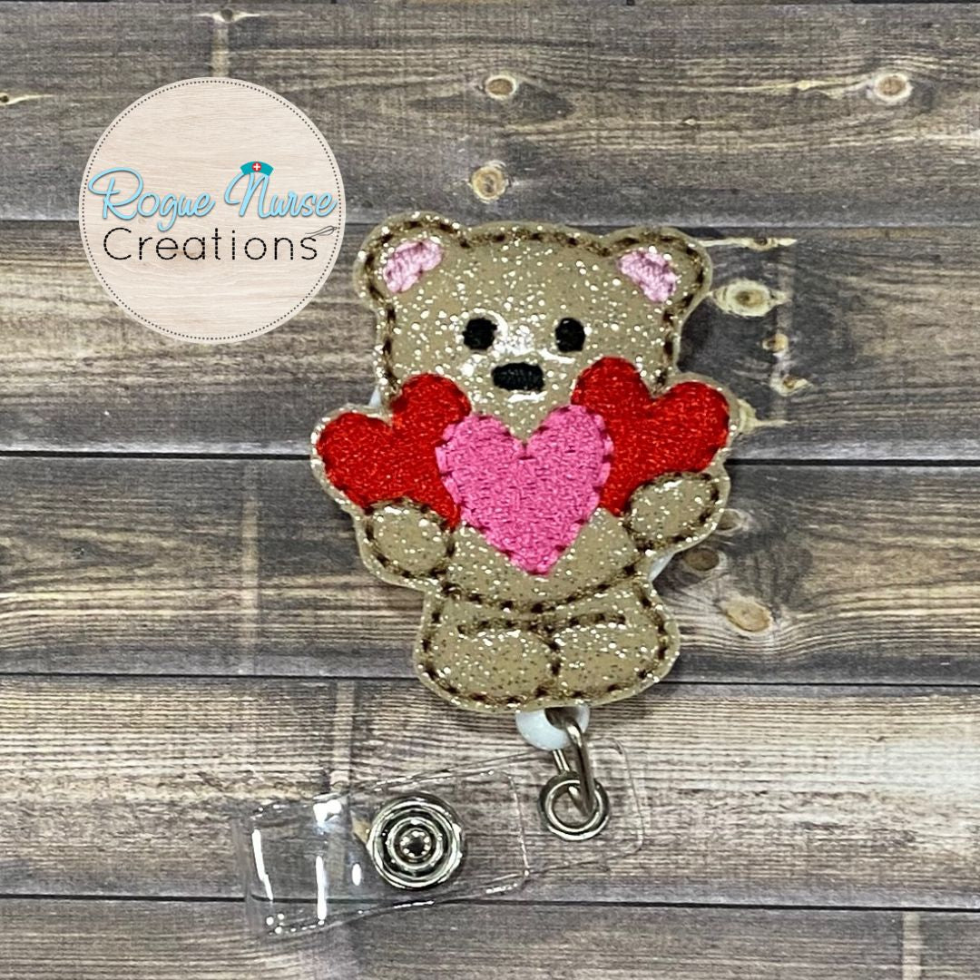 Brown Teddy Bear Holding Red and Pink Hearts Embroidered Valentines Day Retractable Badge Reel, Valentine Day Glitter Retractable Badge Reel