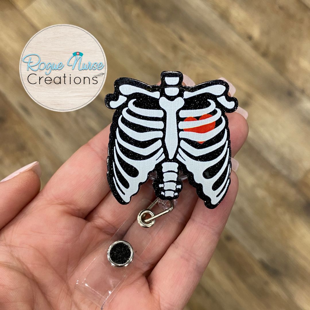 Rib Cage Skeleton Black Acrylic/Epoxy Retractable Badge Reel, X-Ray of Rib Cage With a Red Heart, Healthcare Gift, Radiology Badge Buddy