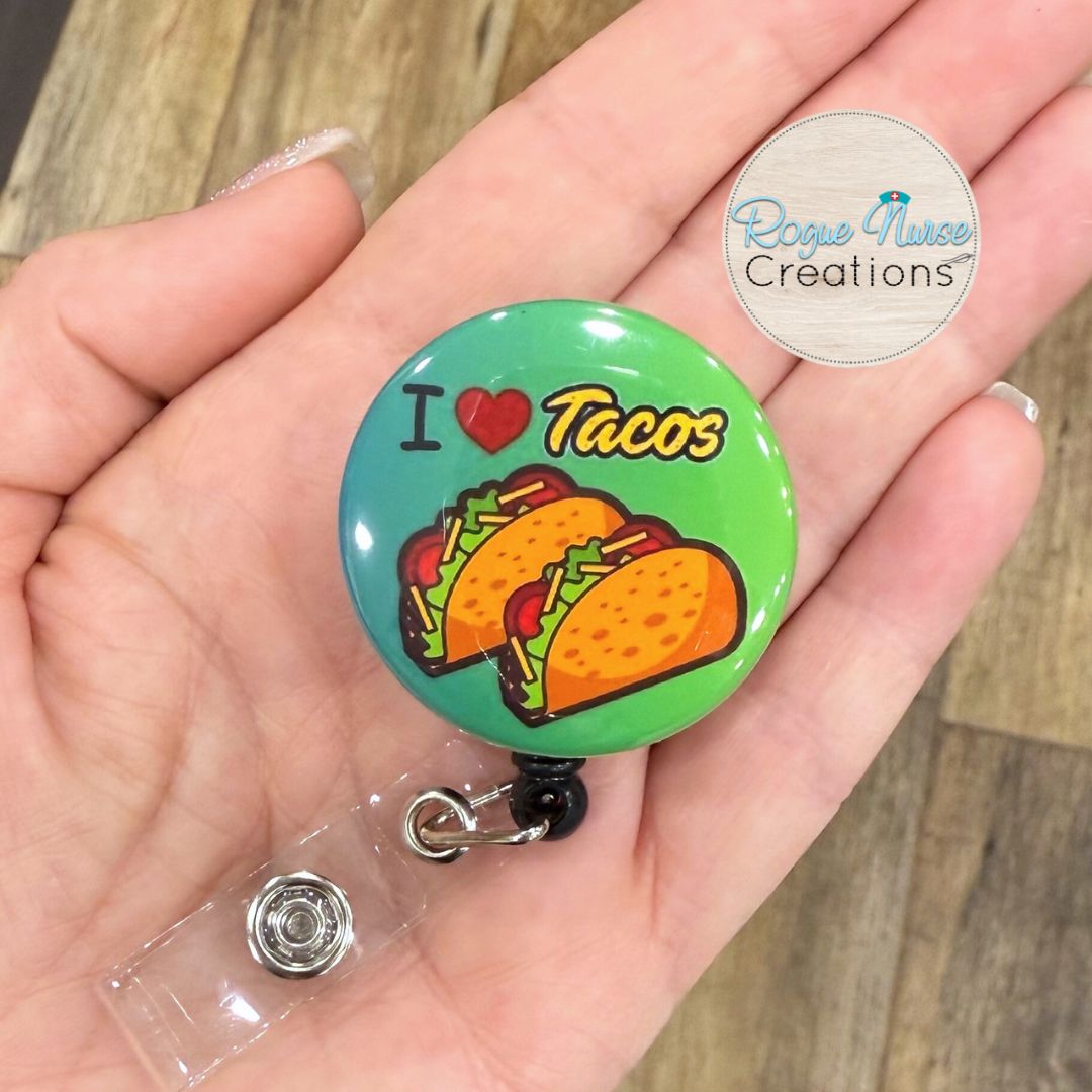 I Love Tacos, BUTTON Style Retractable Badge Reel, 1.5 Inch Button Badge Reel, Black Background, Taco Lover Badge Buddy