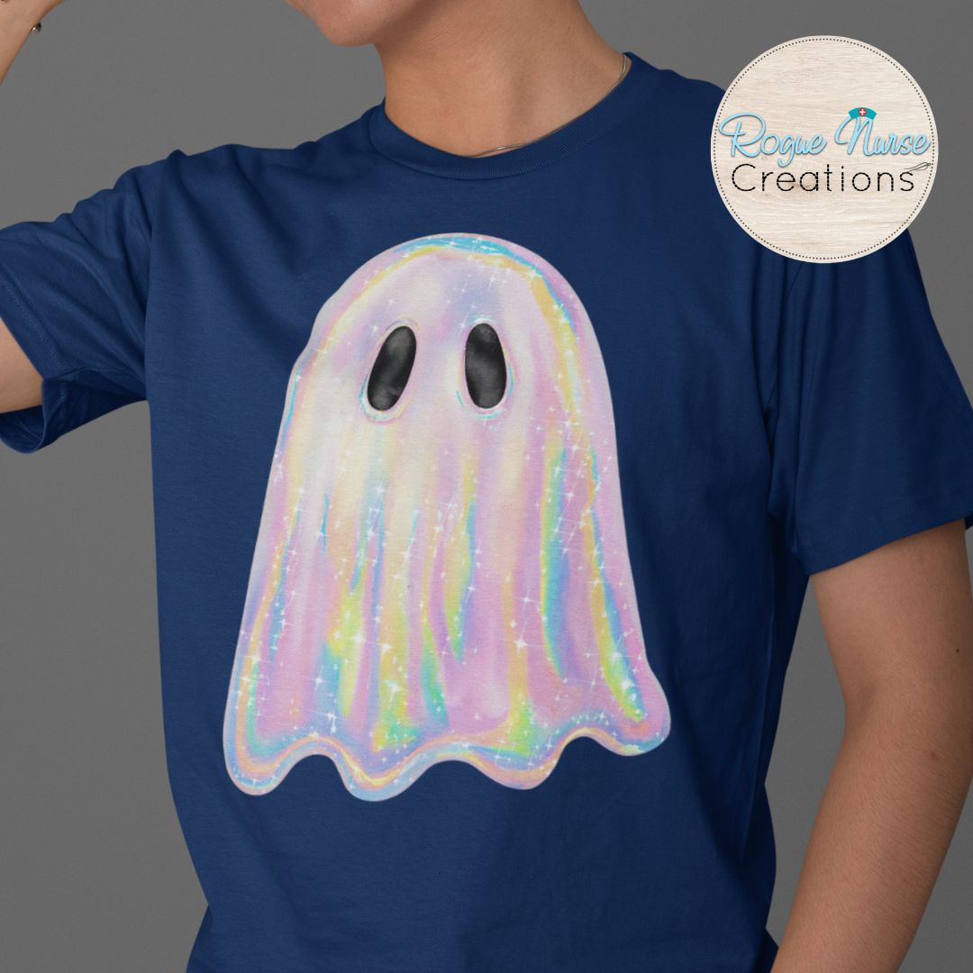 Iridescent looking Ghost Graphic T-Shirt, Nurse Crew T-Shirt, Nurse T-Shirt, Nurse Gift, Cute Nurse Ghost Halloween Shirt, pastel ghost