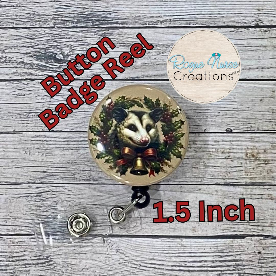 Holiday Wreath Opossum Button Style Retractable Badge Reel, Beige Background, Christmas Opossum Button Badge Holder, Holiday Badge Buddy