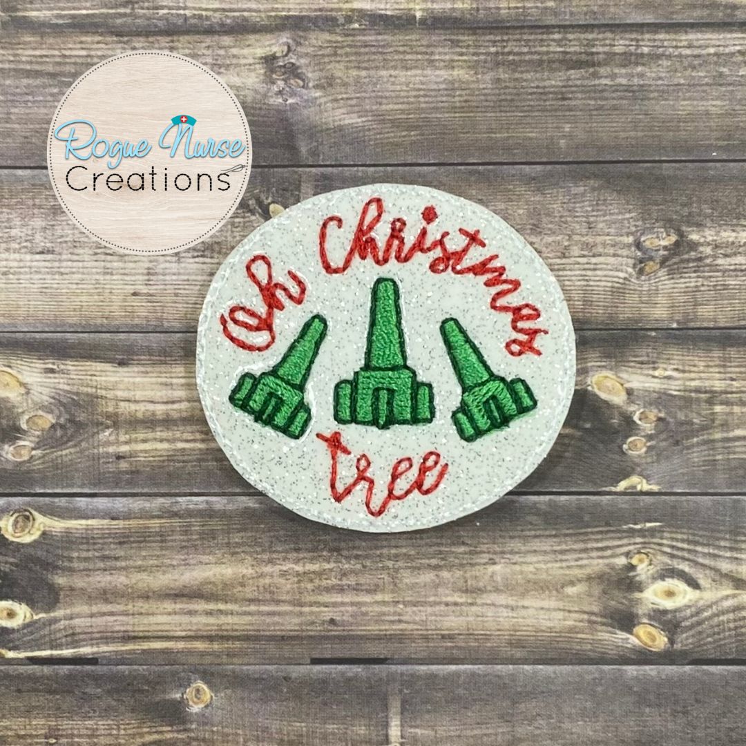 Respiratory Therapist “Oh Christmas Tree” Oxygen Stem Retractable Badge Reel, Embroidered On White Glitter Vinyl, O2 Stem Funny Badge Reel.