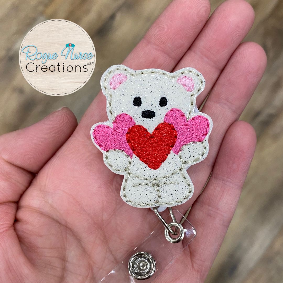 White Teddy Bear Holding Red and Pink Hearts Embroidered Valentines Day Retractable Badge Reel, Valentine Day Glitter Retractable Badge Reel