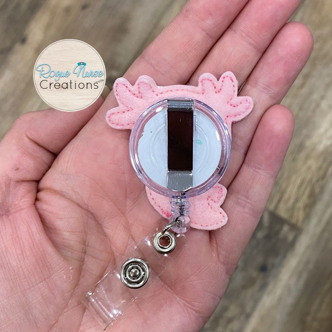 Pink AXOLOTL Retractable Badge Reel, Nurse Badge Buddy, Work ID holder, Cute Summer Badge Buddy, MRI Safe Badge Reel Option,Salamander Badge