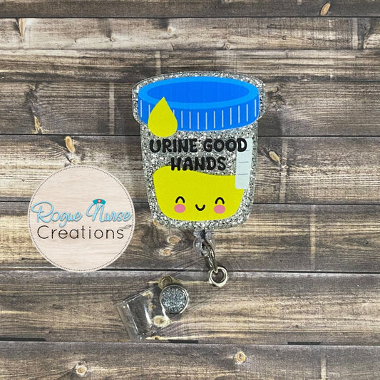 Urine Good Hands, Happy Silver Glitter Urine Cup Acrylic/Epoxy Retractable Badge Reel, Nurse Gift, Cute Badge Buddy