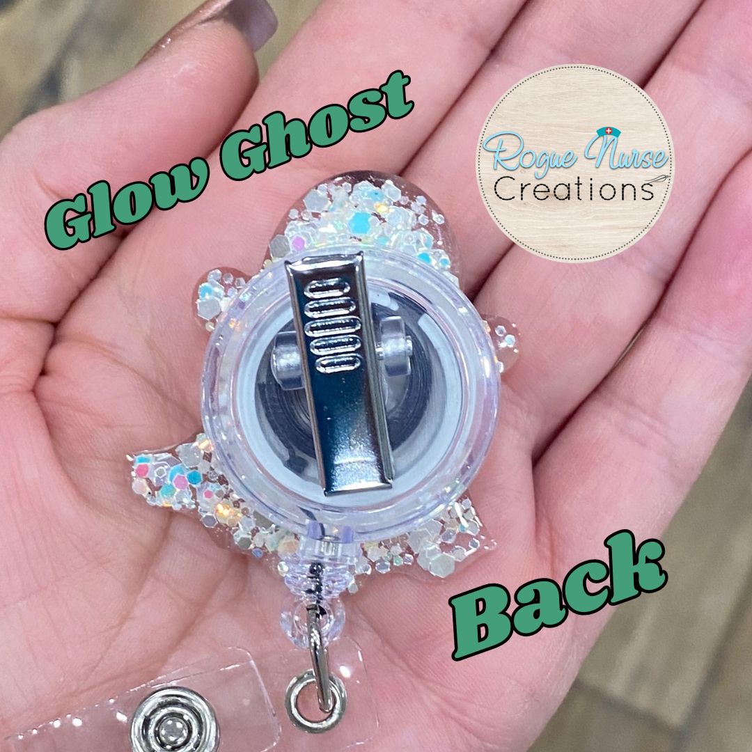 GLOW Iridescent Glitter Acrylic Epoxy Ghost Retractable Badge Reel, Halloween Badge Reel, Friendly Ghost, Glowing Ghost Badge Holder