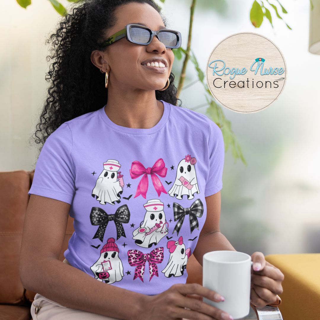 Nurse Ghost with Pink and Black Bows Graphic T-Shirt, Nurse Crew T-Shirt, Nurse T-Shirt, Nurse Gift, Cute Nurse Ghost Halloween Shirt