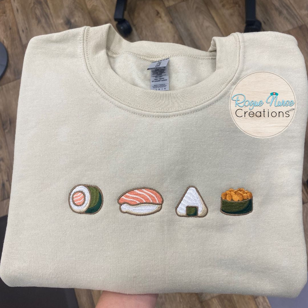 Sushi Embroidered Sweatshirt, Four Pieces of Sushi on a Pullover Sweater, Yummy looking Sushi Rolls Embroidered Gildan Sweatshirt