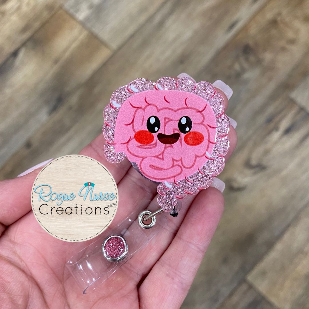 Pink Glitter Intestines Acrylic/Epoxy Retractable Badge Reel, Gastroenterology Nurse Gift, Cute Intestines Badge Buddy, Science Badge Reel