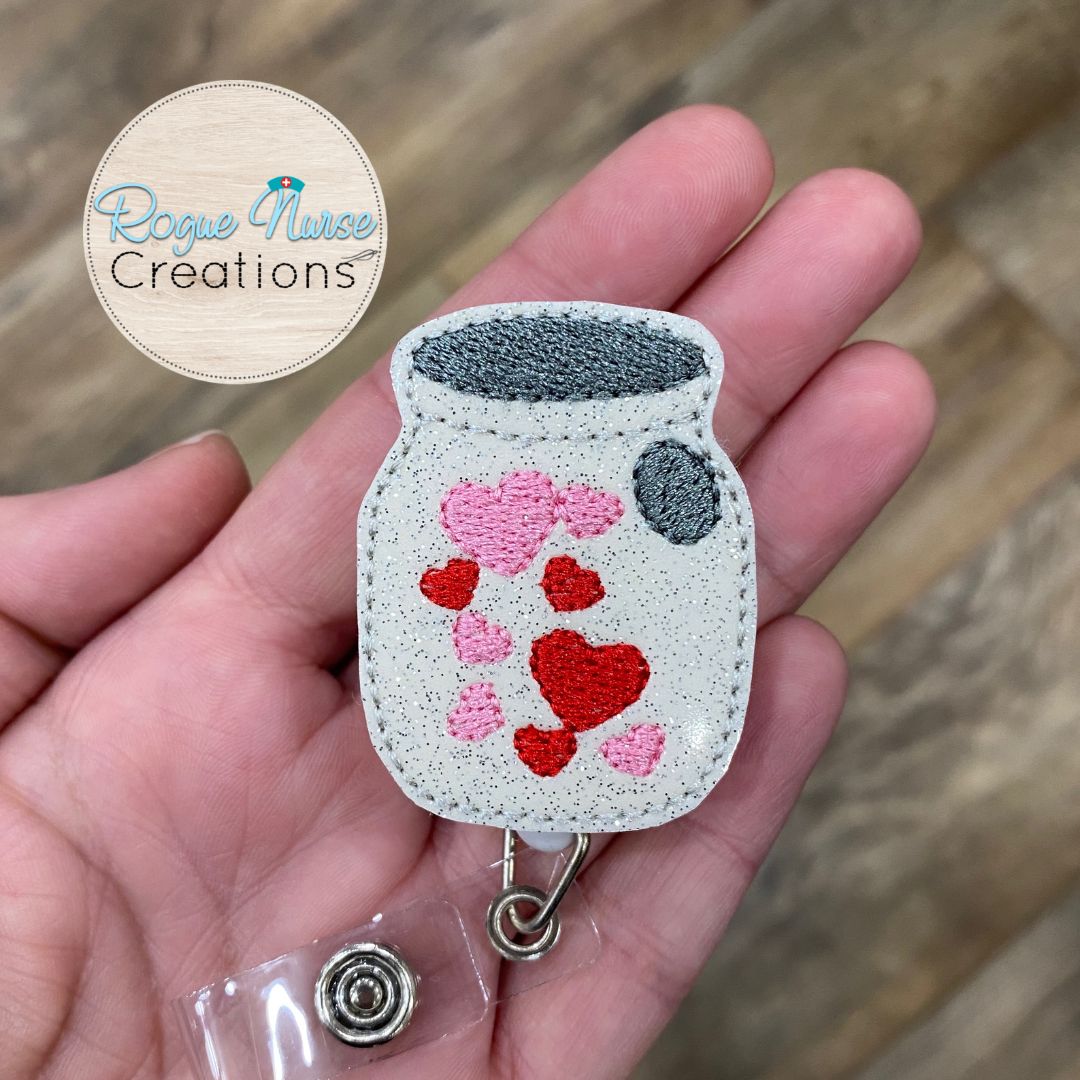 Jar of Hearts, Embroidered Valentines Day White Sparkle Glitter Valentines Day Retractable Badge Reel, Nurse Teacher Badge Buddy