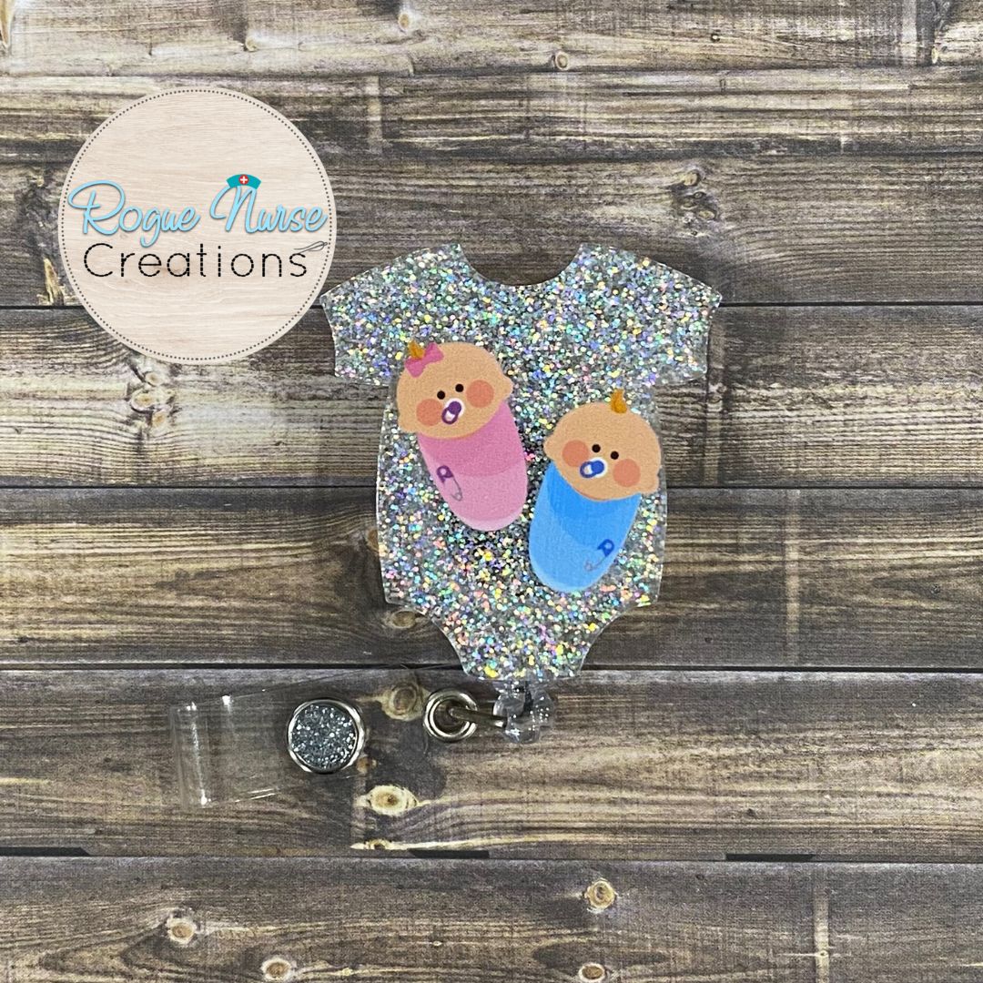 Swaddled Babies Glitter Onsie Acrylic/Epoxy Retractable Badge Reel, Silver Glitter Labor and Delivery Nurse, NICU Nurse Cute Badge