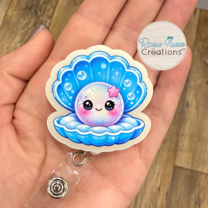 Pearl Inside a Cushioned Clam Shell Retractable Badge Reel, UV Printed on Pearl Acrylic
