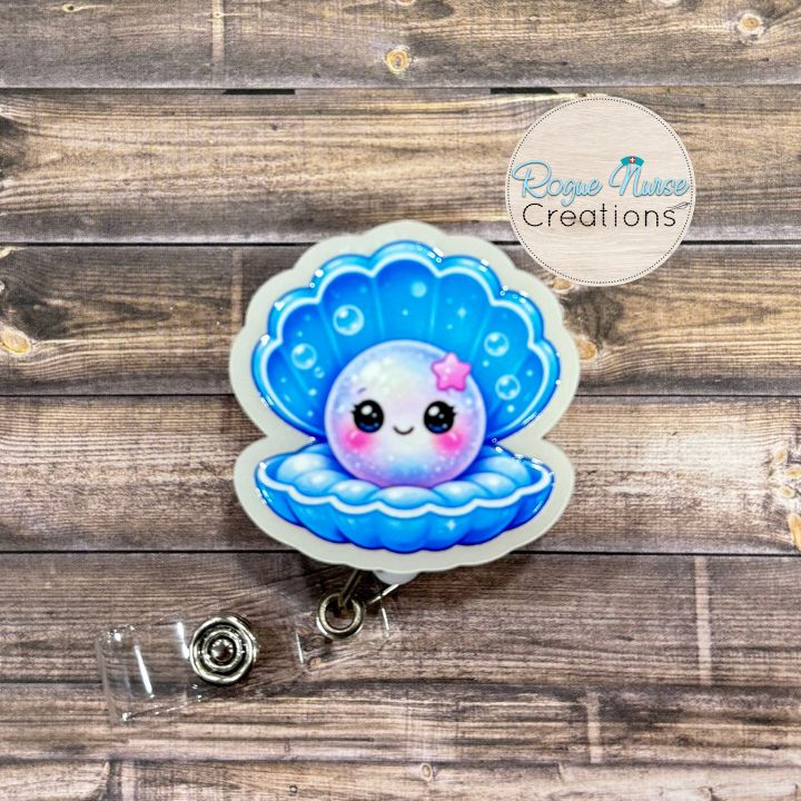 Pearl Inside a Cushioned Clam Shell Retractable Badge Reel, UV Printed on Pearl Acrylic