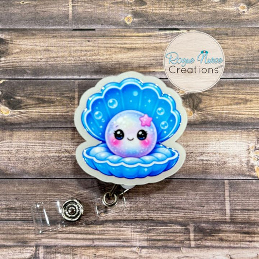 Pearl Inside a Cushioned Clam Shell Retractable Badge Reel, UV Printed on Pearl Acrylic