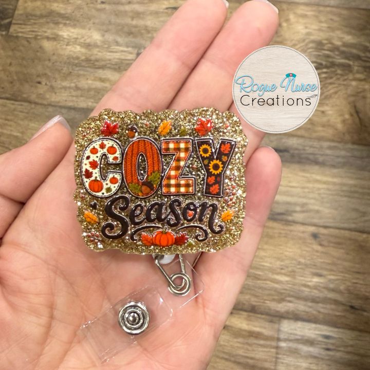 Fall Cozy Season Retractable Badge Reel, UV Printed on Gold Acrylic