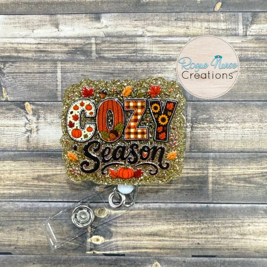 Fall Cozy Season Retractable Badge Reel, UV Printed on Gold Acrylic