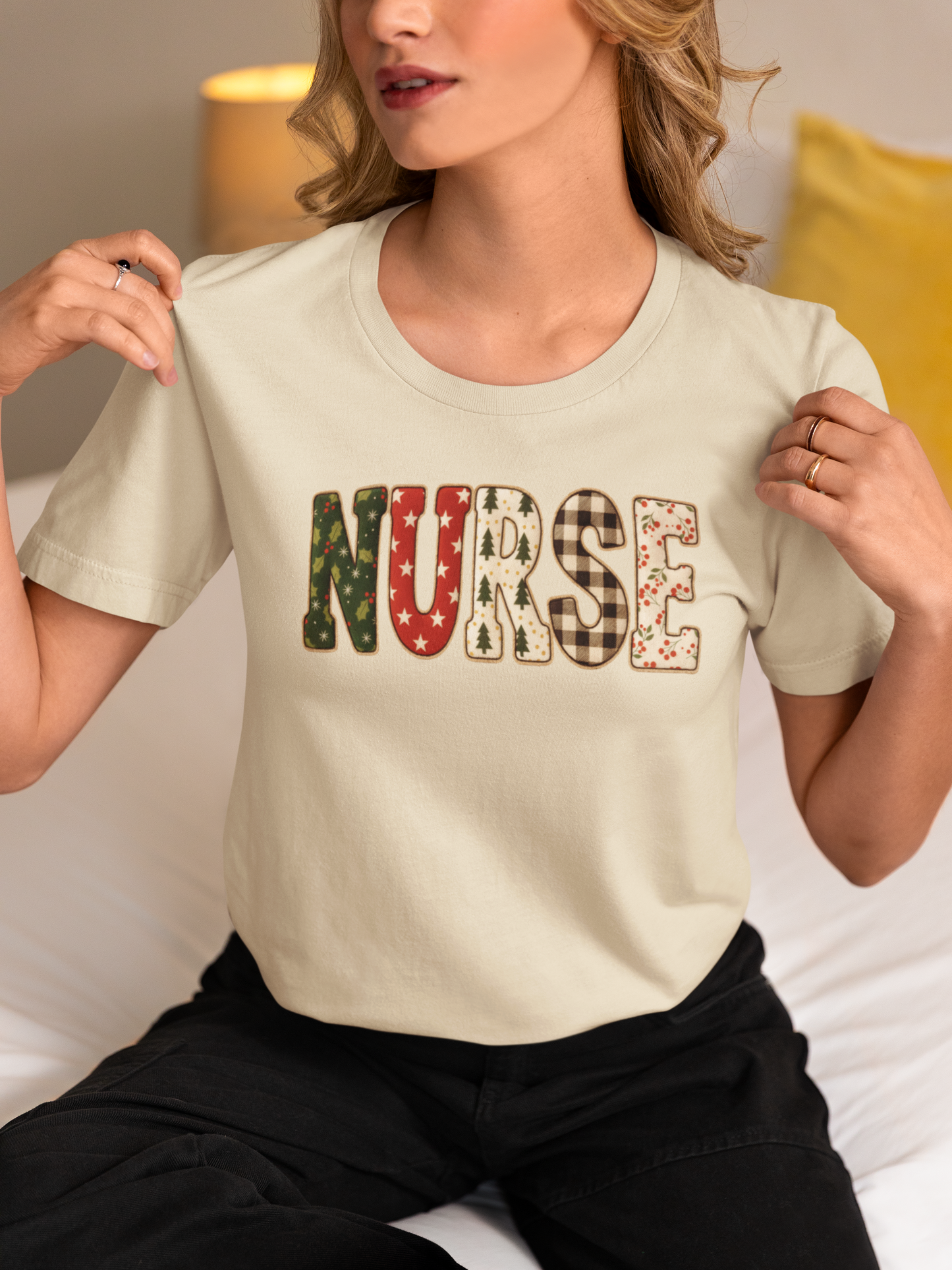 Christmas NURSE Faux Appliqué Graphic Print T-Shirt, Nurse Holiday T-Shirt, Cute Faux Appliqué Nurse Christmas Shirt for The Holidays