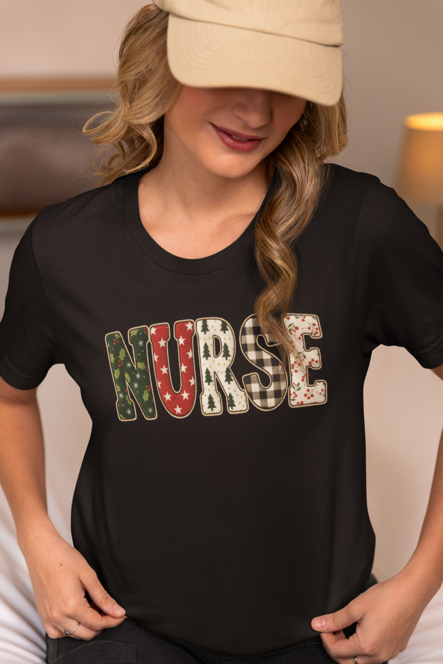 Christmas NURSE Faux Appliqué Graphic Print T-Shirt, Nurse Holiday T-Shirt, Cute Faux Appliqué Nurse Christmas Shirt for The Holidays