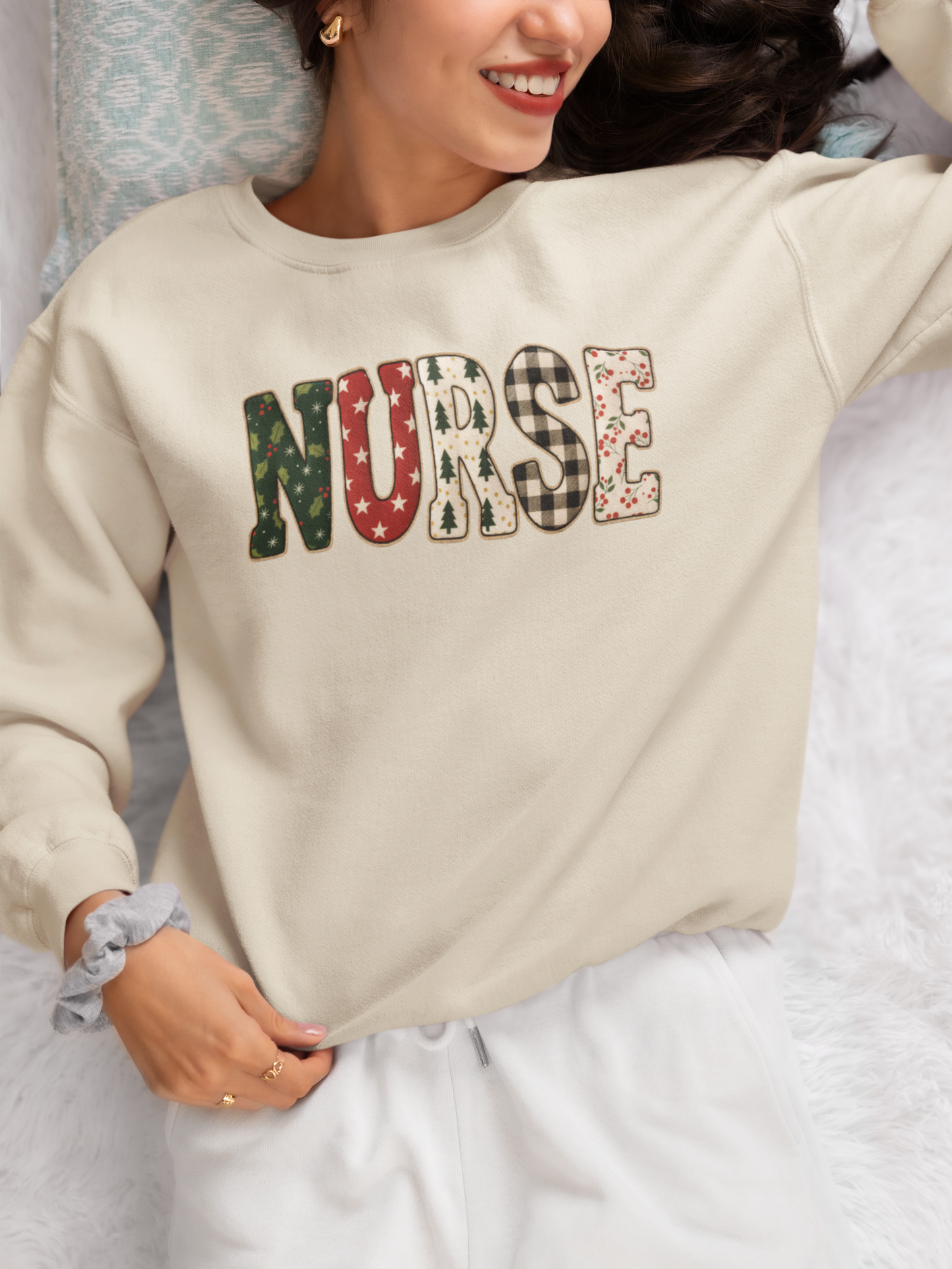 Christmas NURSE Faux Appliqué Graphic Print Sweatshirt, Nurse Holiday pullover, Cute Nurse Faux Appliqué Nurse Christmas Sweatshirt.
