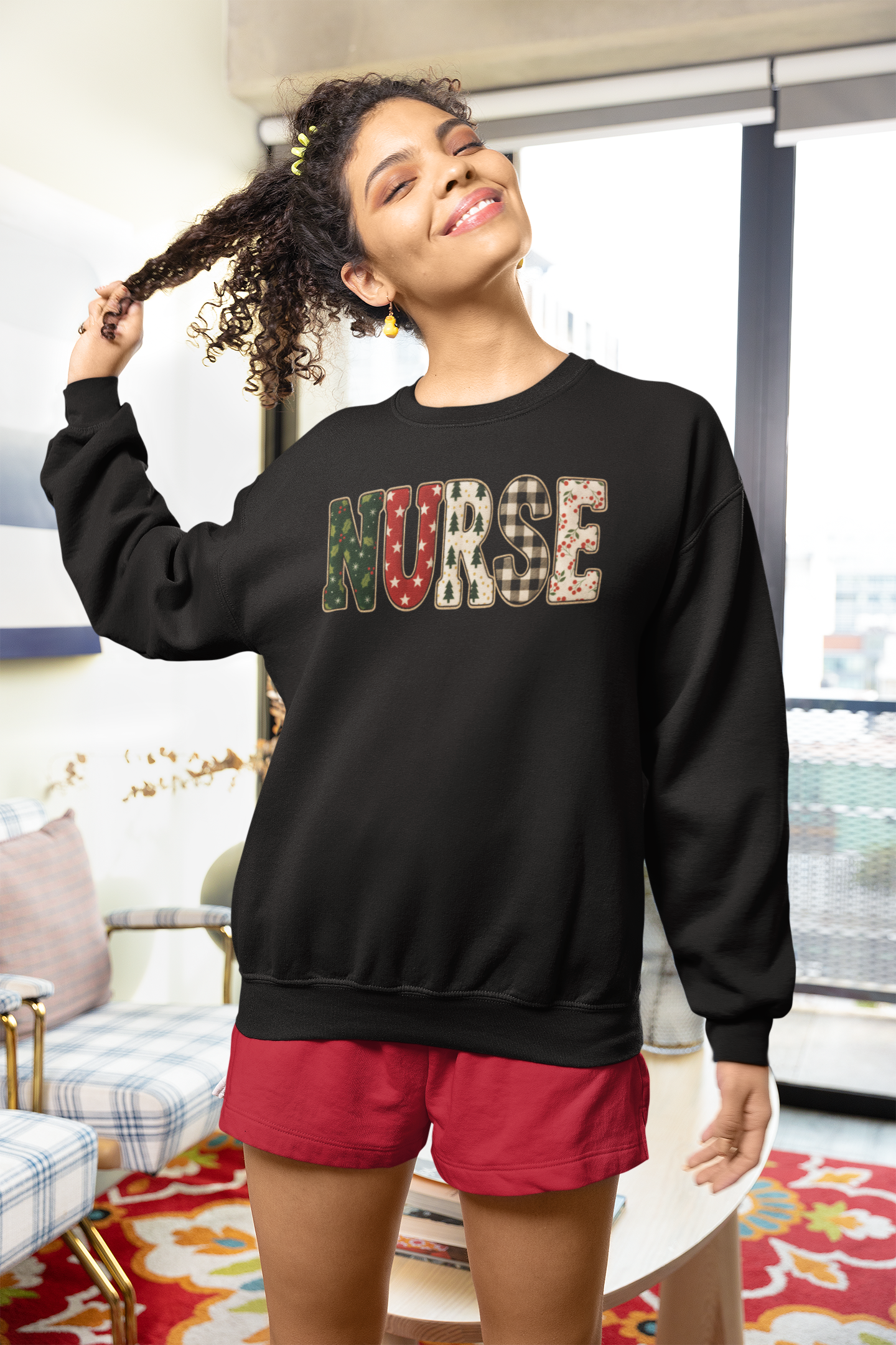 Christmas NURSE Faux Appliqué Graphic Print Sweatshirt, Nurse Holiday pullover, Cute Nurse Faux Appliqué Nurse Christmas Sweatshirt.