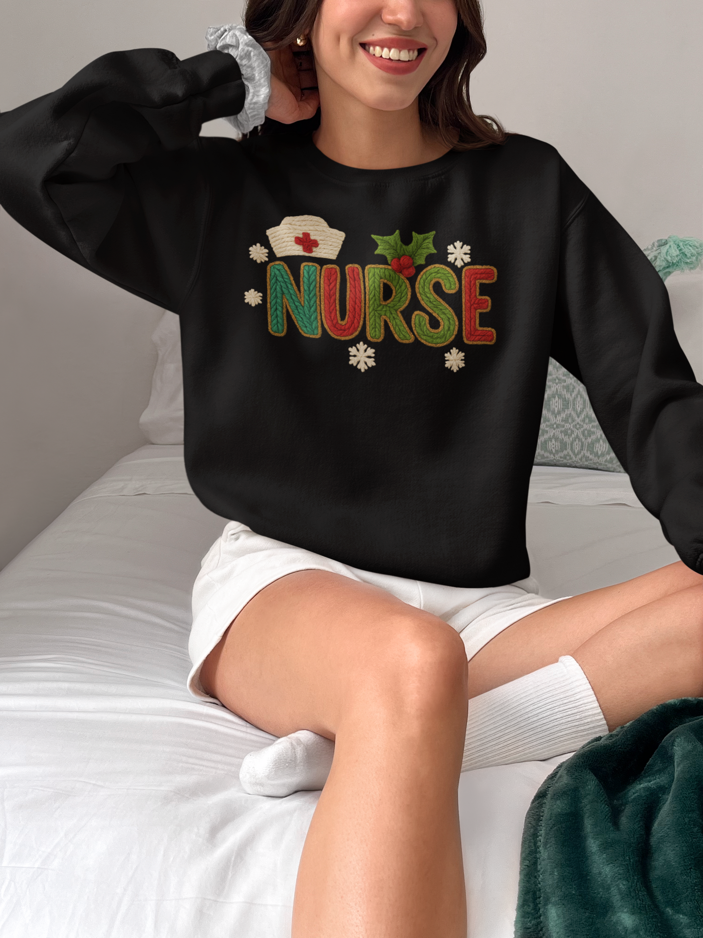 NURSE Faux Yarn Graphic Print Sweatshirt, Nurse Holiday pullover, Nurse Gift, Cute Faux Knitted Nurse Christmas Sweatshirt for The Holidays