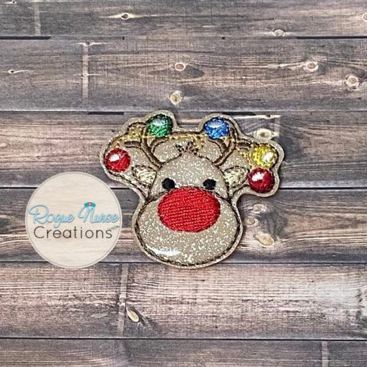 Glitter Holiday Reindeer Retractable Badge Reel, Badge Holder, With Festive Holiday Lights on the Antlers