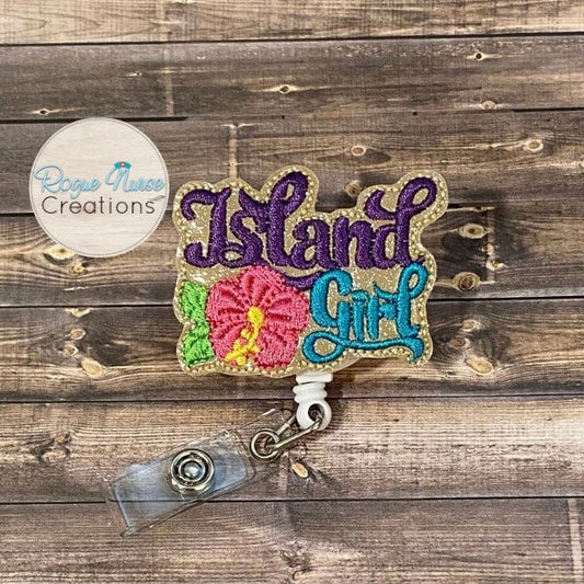 Island Girl Tropical Paradise Retractable badge reel on Beige Glitter Vinyl Fabric, Tropical Badge Buddy