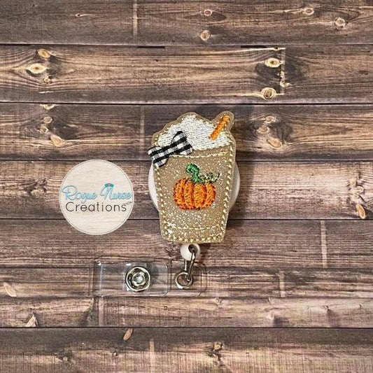 Fall Pumpkin Spiced latte, Iced Coffee Cup Retractable Badge Reel with Black and White Buffalo Check Bow