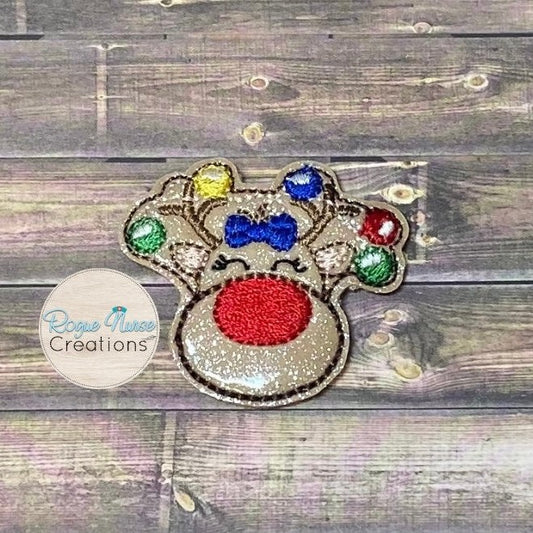 Glitter Reindeer with Bow, Holiday Retractable Badge Reel with Festive Lights on The Antlers