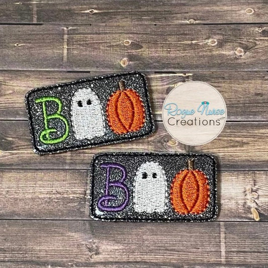 Charcoal Black Glitter BOO Halloween/Harvest Festival Retractable badge Reel with a Ghost and Pumpkin